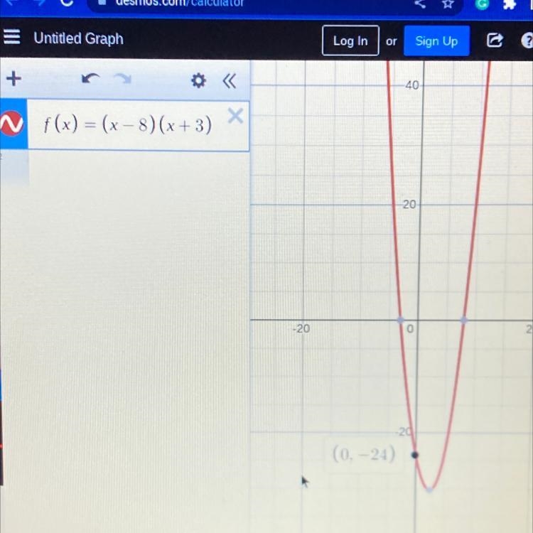 What is the y-intercept of the quadratic function f(x) = (x – 8)(x + 3)? (8,0) (0,3) (0,–24) (–5,0)-example-1