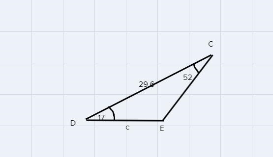 In triangle CDE,m angle C=52,m angle D=17 , and e = 29.6 . Find c to the nearest tenth-example-1