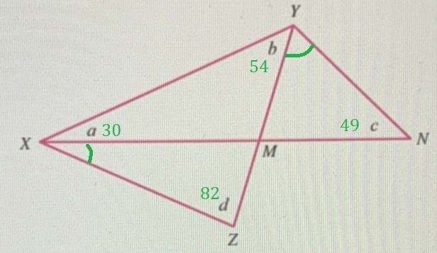 Find the following, when a = 30°, b = 54°, c = 49°, and d = 82°. Find measure MYN-example-1