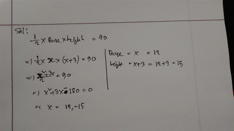 The height of a triangle is 3 inches greater than the base. The area of the triangle-example-1