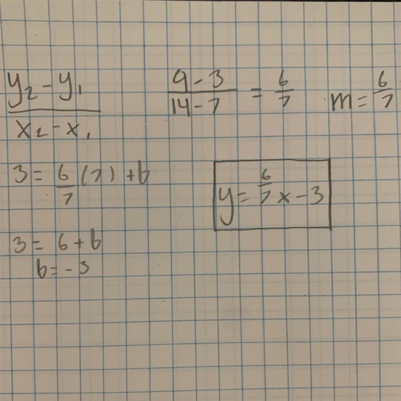 A line passes through the points (14, 9) and (7, 3). What is its equation in slope-example-1