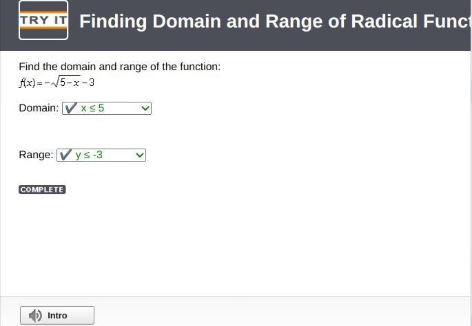 Find the domain and range of the function:f(x)= √ 5-x-3Domain:Range:-example-1