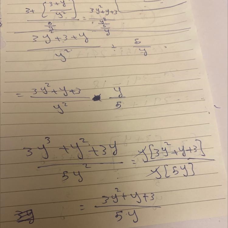 Simplify the complex fraction. [3+(3+y/y^2)]/(5/y)-example-1