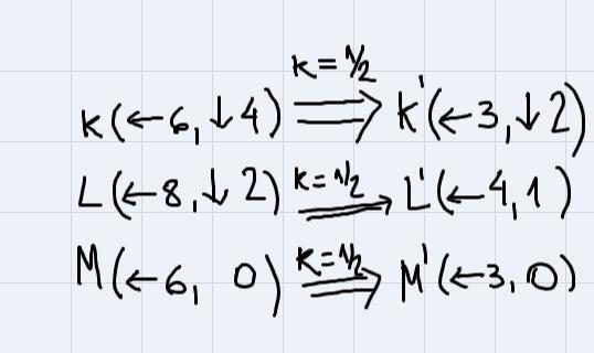 Dilate KLM with center of dilation P(2, -2) and a scale factor of 1/2-example-1