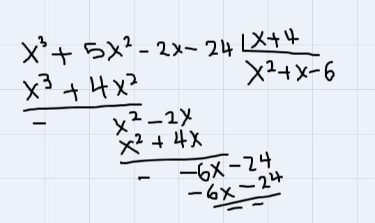 Show that (x+4) is a factor of x^3+5x^2-2x-24. Then find the remaining factors of-example-1