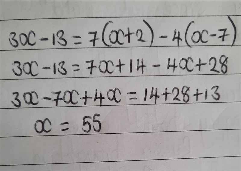 + 3x-13 = 7(x + 2)-4(x-7)-example-1