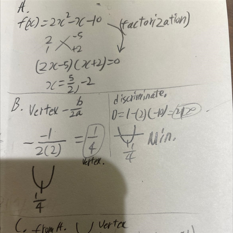 Use the function f(x) to answer the questions: f(x) = 2x^2 − x − 10 Part A: What are-example-1