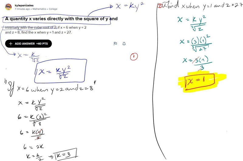 A quantity x varies directly with the square of y and inversely with the cube root-example-1