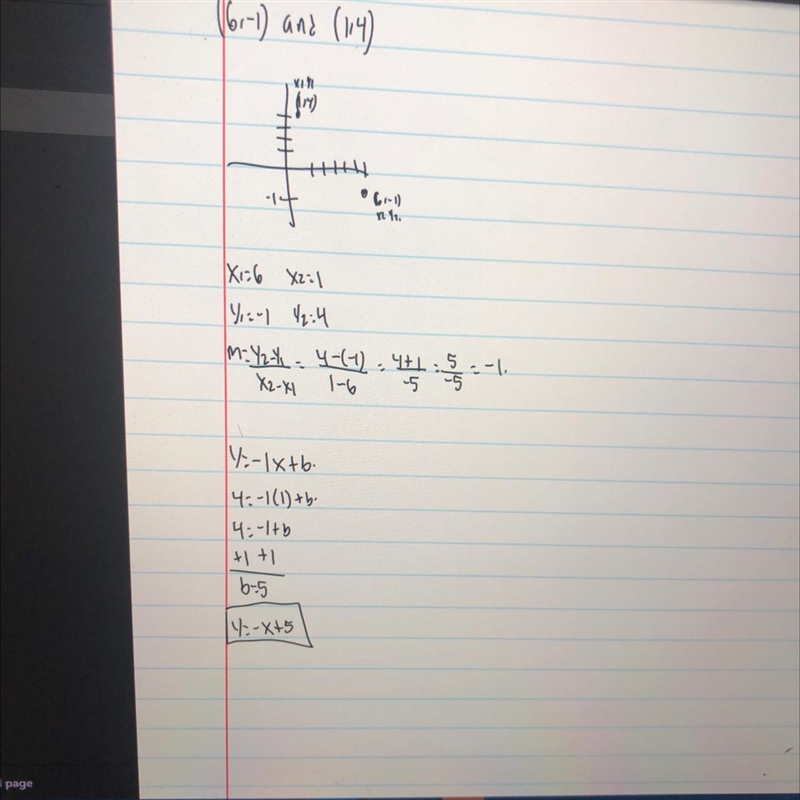 What is an equation of the line that passes through the points (6, -1) and (1, 4)?-example-1