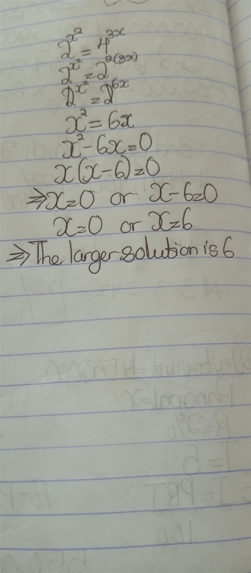 Find the larger solution of the exponential equation 2^x^2= 4^3x-example-1