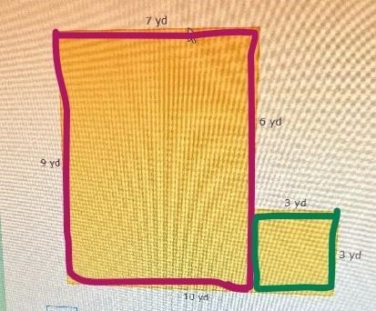 What is the area of this figure? 7 yd 6 yd 9 yd 3 yd 3 yd 10 ya square yards Submit-example-1