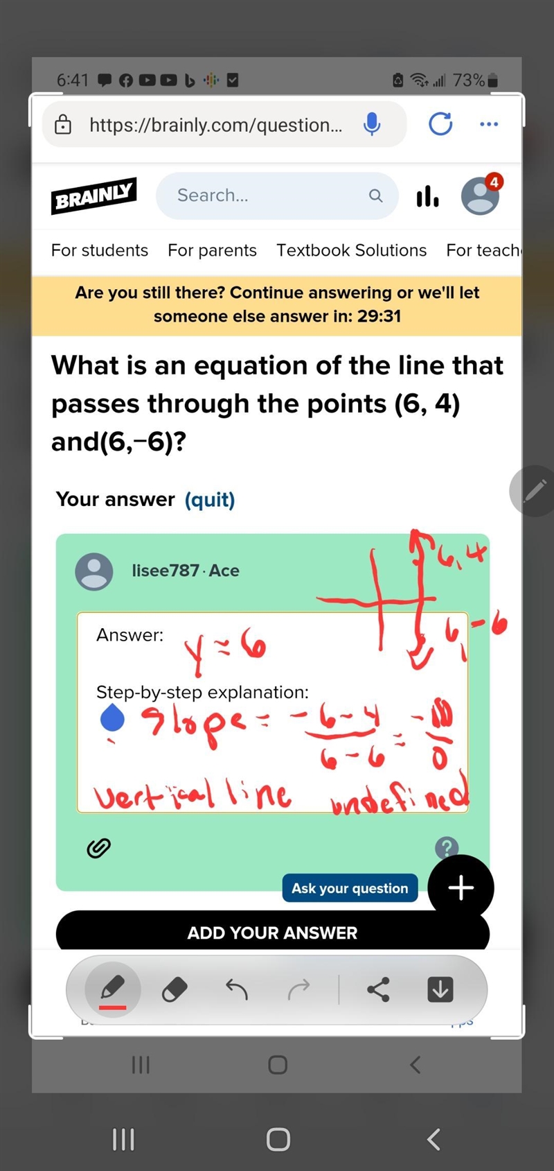 What is an equation of the line that passes through the points (6, 4) and(6,−6)?-example-1