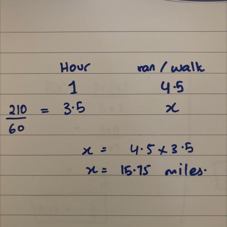 In one hour, Tim ran 4.5 miles while Sally drove 32 miles. After 210 minute, how far-example-1