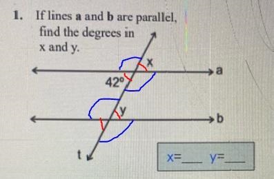 If lines andIf lines a and bare parallefind the degrees inx and y-example-1