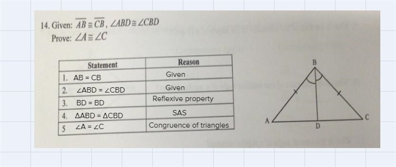 Given: AB = CB, LABD= LABD= LCBD Prove: LA= LCStatement Reason-example-1