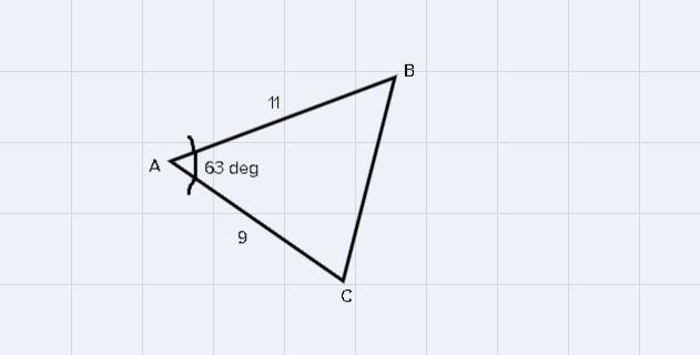 Given that ABC has mA = 63°, b = 9, and c = 11, find the remaining side length a and-example-1