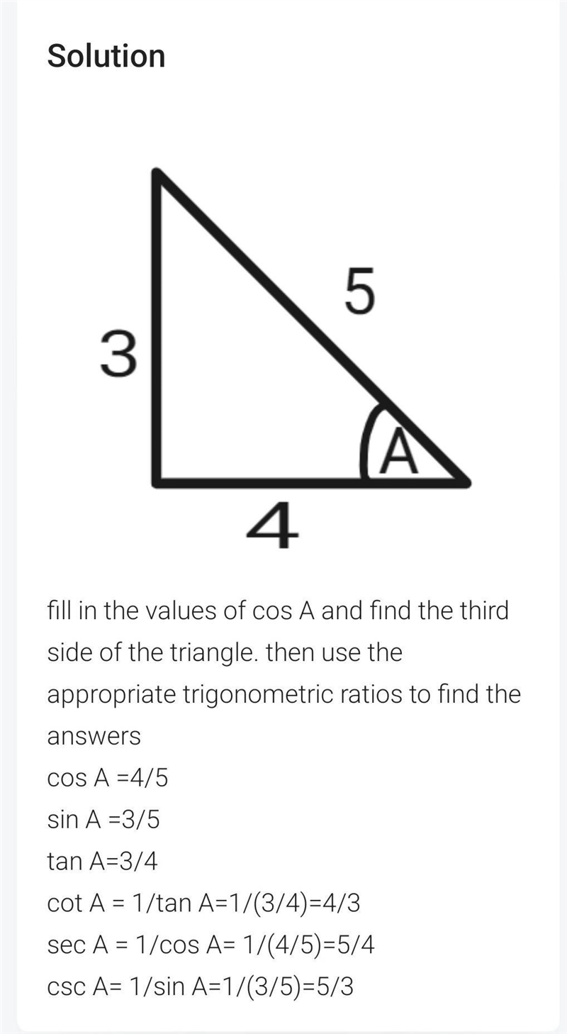 Find the values of other five trigonometric ratios of the acute angle given that: cos-example-1