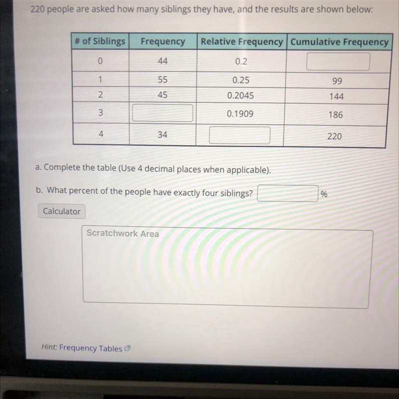 220 people are asked how many siblings they have, and the results are shown below-example-1