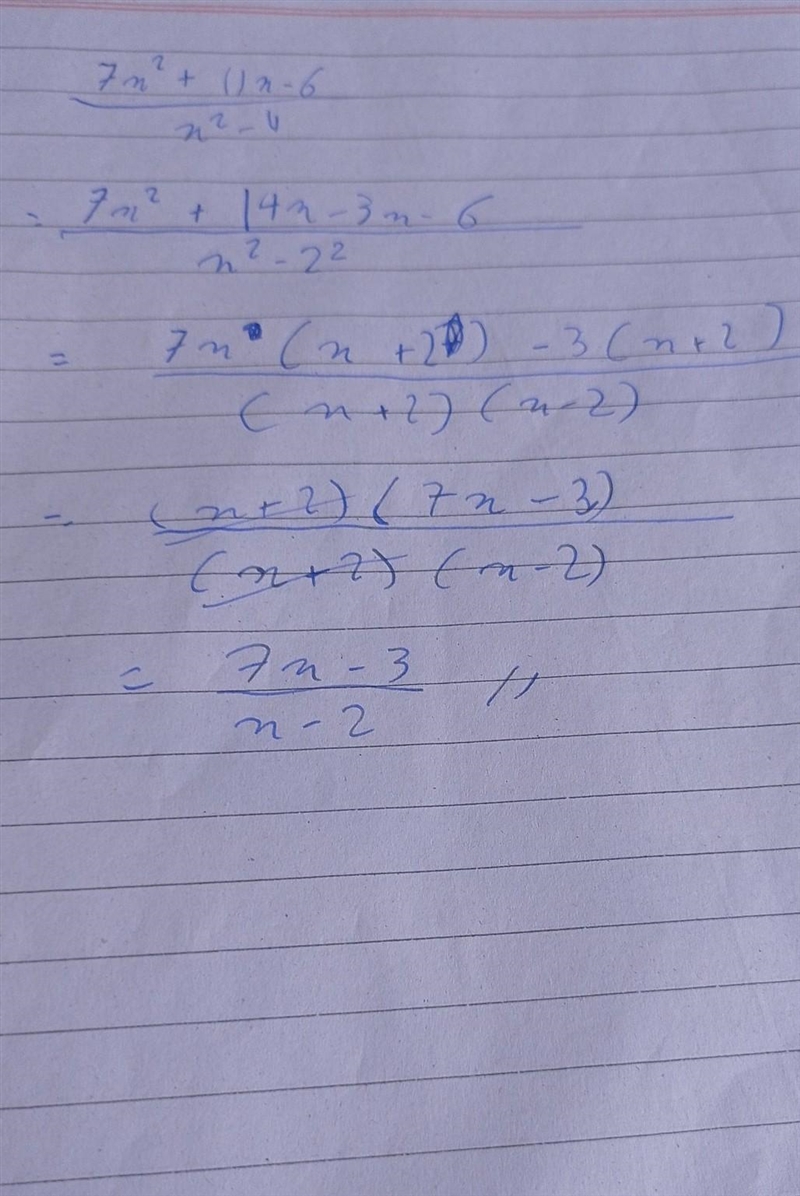 100 POINTS! Factor (7x^(2) + 11x -6)/(x^(2)-4) Show your work, please!-example-1