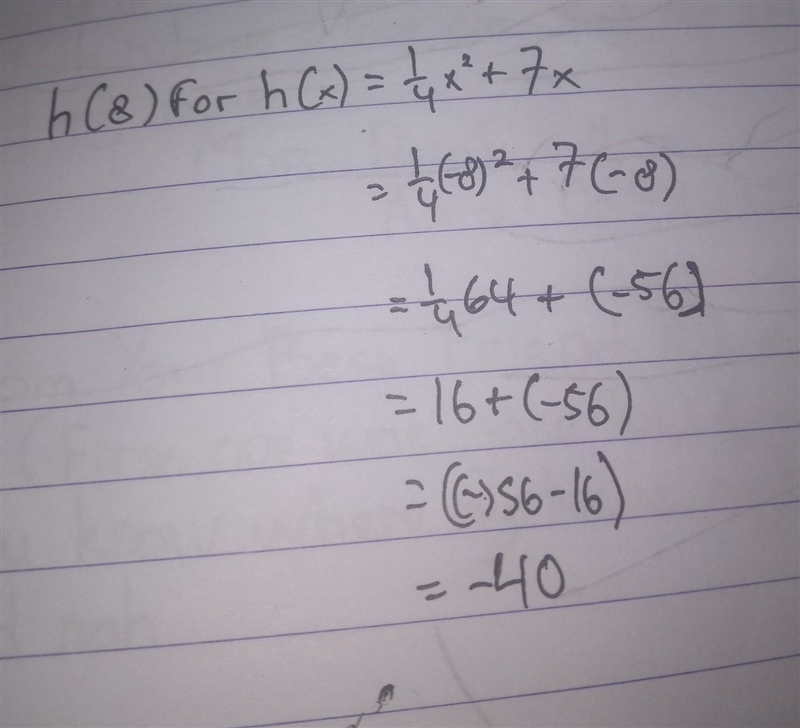 What is h(-8) for h(x) = 1/4x^2 + 7x?-example-1