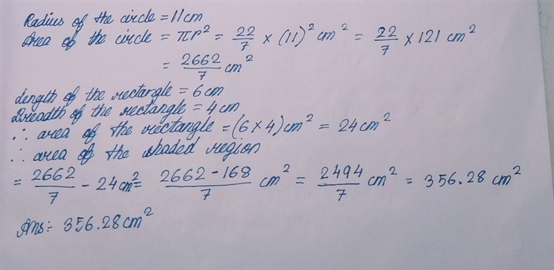 SOMEONE HELP ASAP!! A4 cm x 6 cm rectangle sits inside a circle with radius of 11 cm-example-1