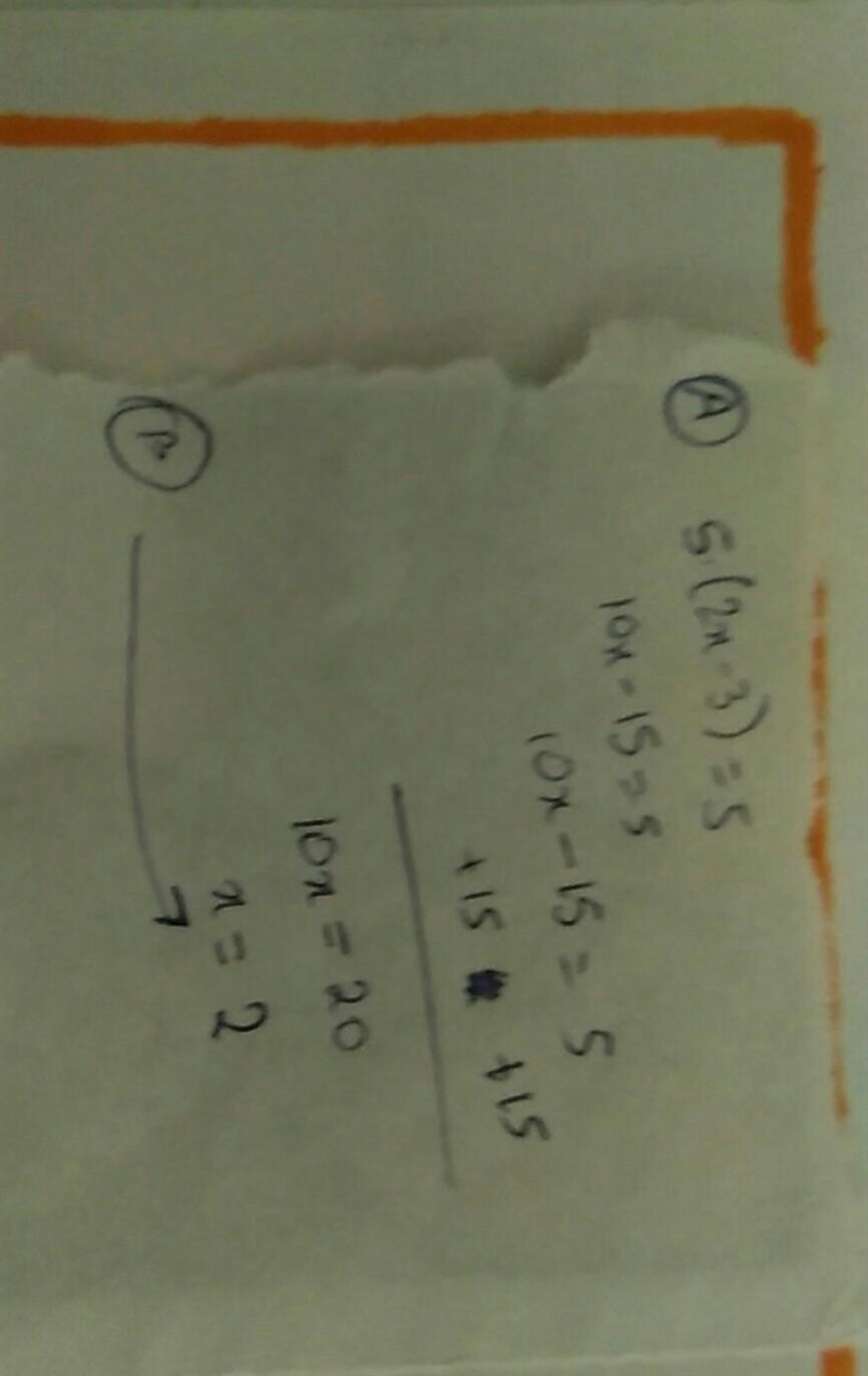 An equation is shown below: 5(2x − 3) = 5 Part A: How many solutions does this equation-example-1