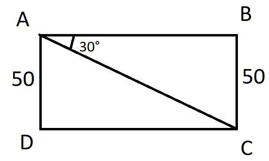 In rectangle ABCD, ∡BAC=30° and AD=50. What is the length of side DC?25.028.943.386.6-example-1