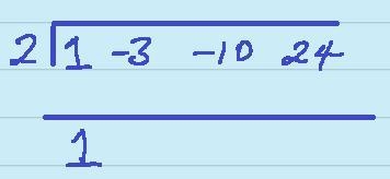 Use synthetic division to completely factor y=x^3-3x^2-10x+24 by x – 2.A. y = (x – 2)(x-example-1