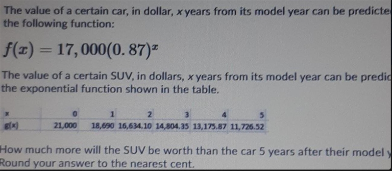 The value of a certain car, in dollar, x years from its model year can be predicted-example-1