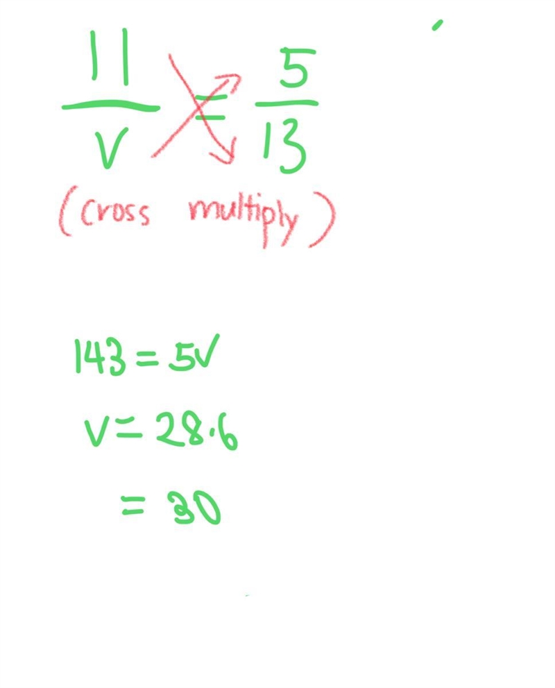 Solve the following proportion for v. 11/v = 5/13 Round your answer to the nearest-example-1