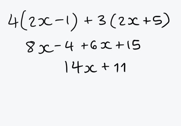 Expand and simplify 4(2x - 1) + 3(2x + 5)-example-1