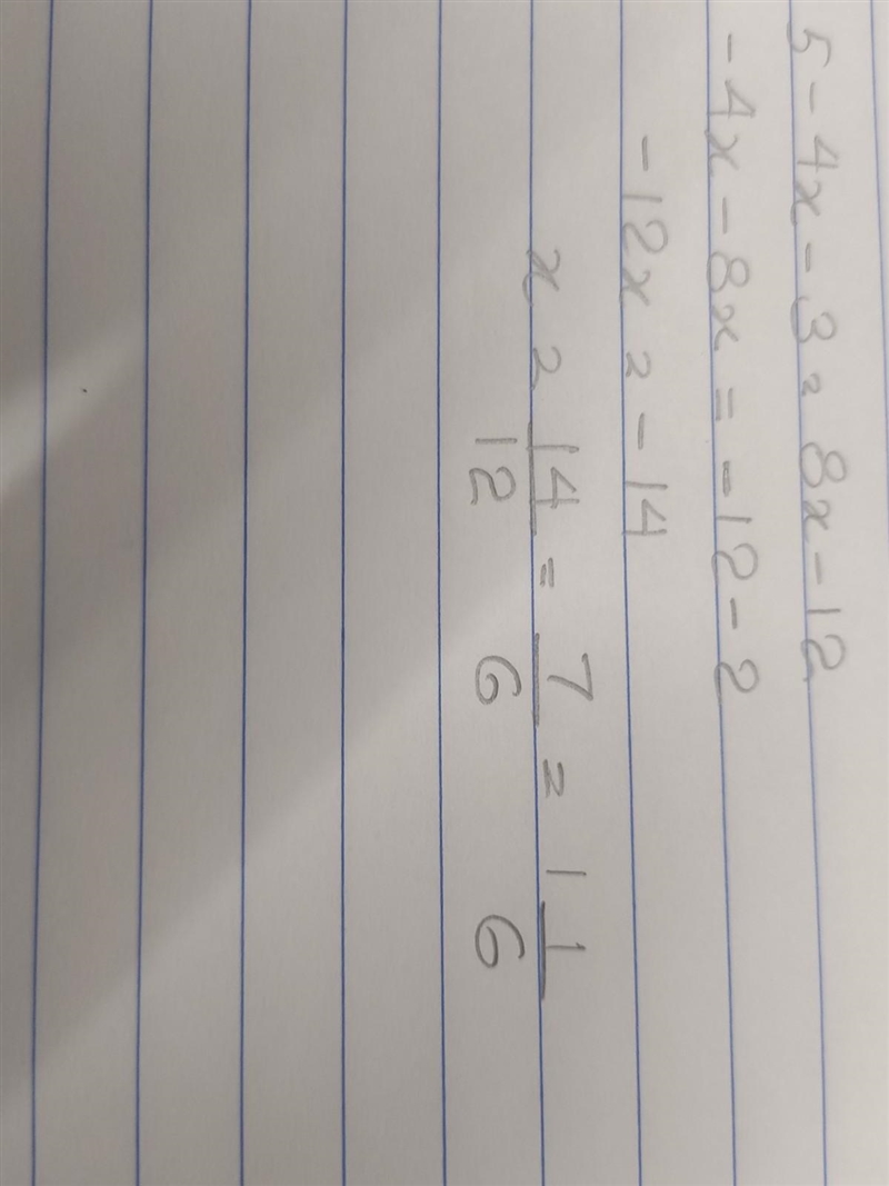 Solve the following equation: 5-(4x+3)=(8x - 12)-example-1