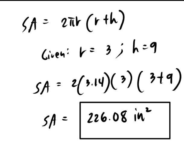 Find the surface area of a cylinder with a height of 9 cm and a base radius of 3 cm-example-1