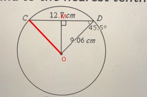 Find the angle of CD.Round to the nearest tenth.12.7 cmD45.509.06 cmmĆD = [ ?[?]O-example-1