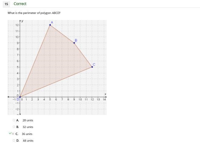 What is the perimeter of polygon ABCD? OA. 28 units OB. 32 units OC. 36 units OD. 44 units-example-1