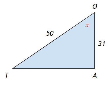 If OT= 50 and OA=31, find the measure of angle TOA-example-1