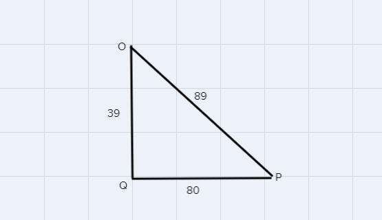 In OPQ, the measure of Q=90 degrees, OQ=80, and PO=89, What ratio represents cosine-example-1