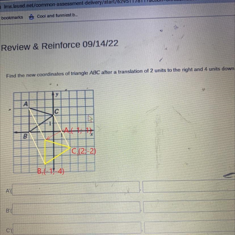 Find the new coordinates of triangle ABC after a translation of 2 units to the right-example-1