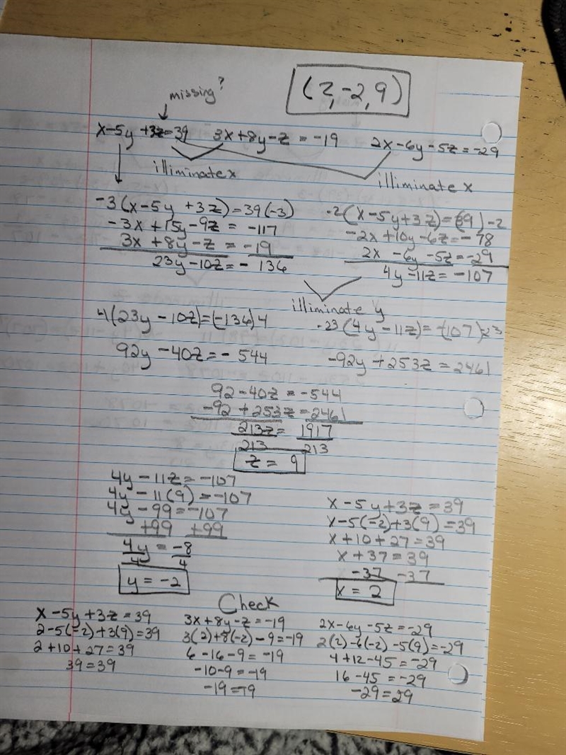 Solving System with 3 variables Problem 1: Solve for x, y, and z. Show all your work-example-1