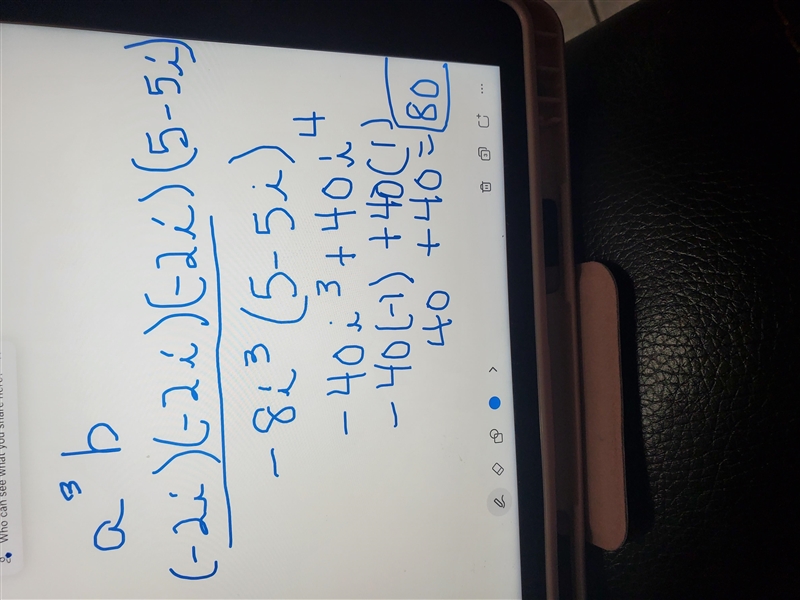 If a = -2i and b = 5-5i, then find the value of the a³b in fully simplified form.-example-1