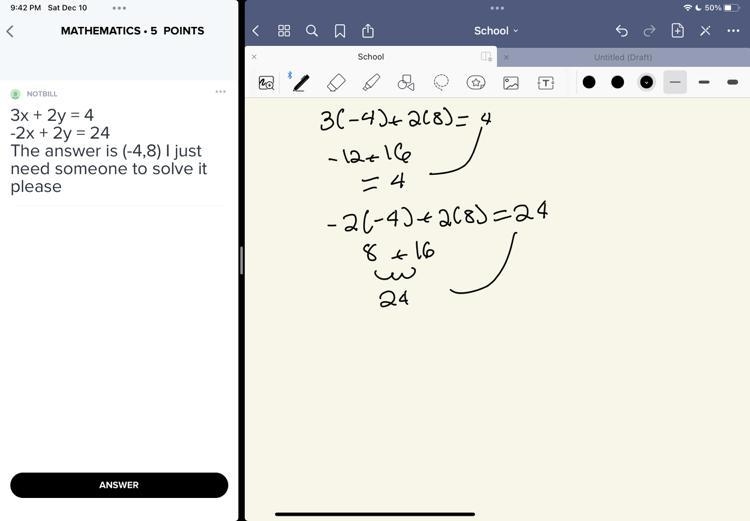 3x + 2y = 4 -2x + 2y = 24 The answer is (-4,8) I just need someone to solve it please-example-1