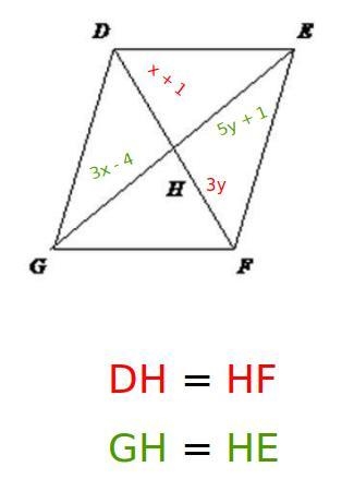 In parallelogram DEFG, DH = x + 1, HF = 3y, G H = 3 x − 4 , GH = 3x - 4, and HE = 5y-example-1