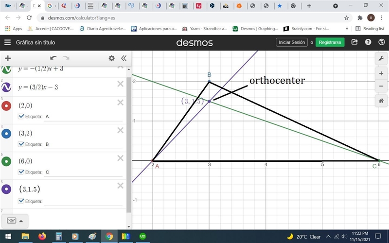 For the following, I have to find where the orthocenter, the centroid, and the circumcenter-example-2