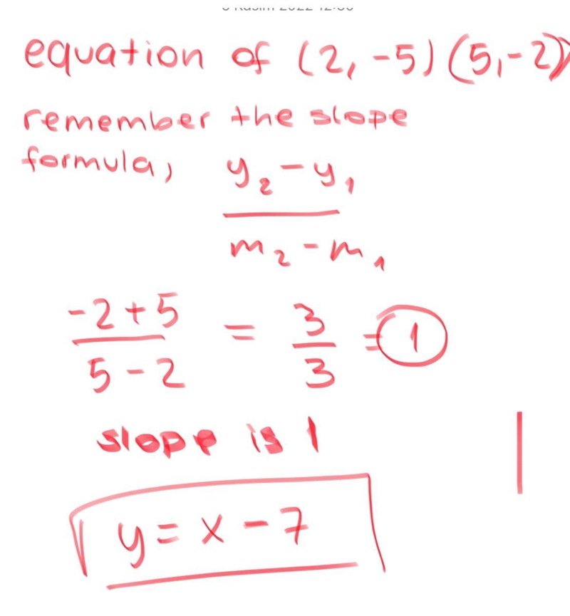 What is an equation of the line that passes through the points (2, -5)(2,−5) and (5, -2)(5,−2)?-example-1