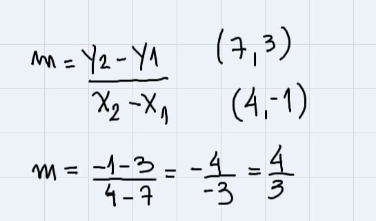 Find the slope of line segment AB given points A(4, -1) and B(7,3).-example-1