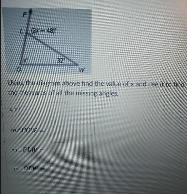 using the diagram above find the value of x and use it to find the measures of all-example-1