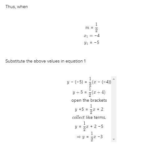 Find the equation of the line with slope 1/2 and going through the point (-4,-5). Put-example-1