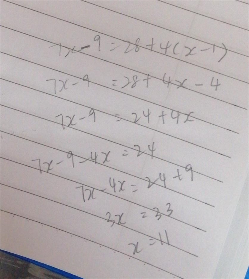 Solve 7x - 9 = 28 + 4(x-1) A. x= -11 B. x= 11 C. x= 3 D. x= -3-example-1