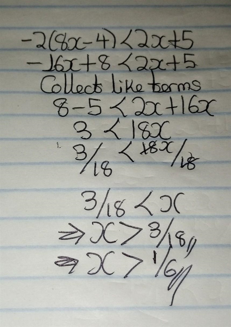 What is the solution to –2(8x – 4) < 2x + 5? x > x is greater than StartFraction-example-1