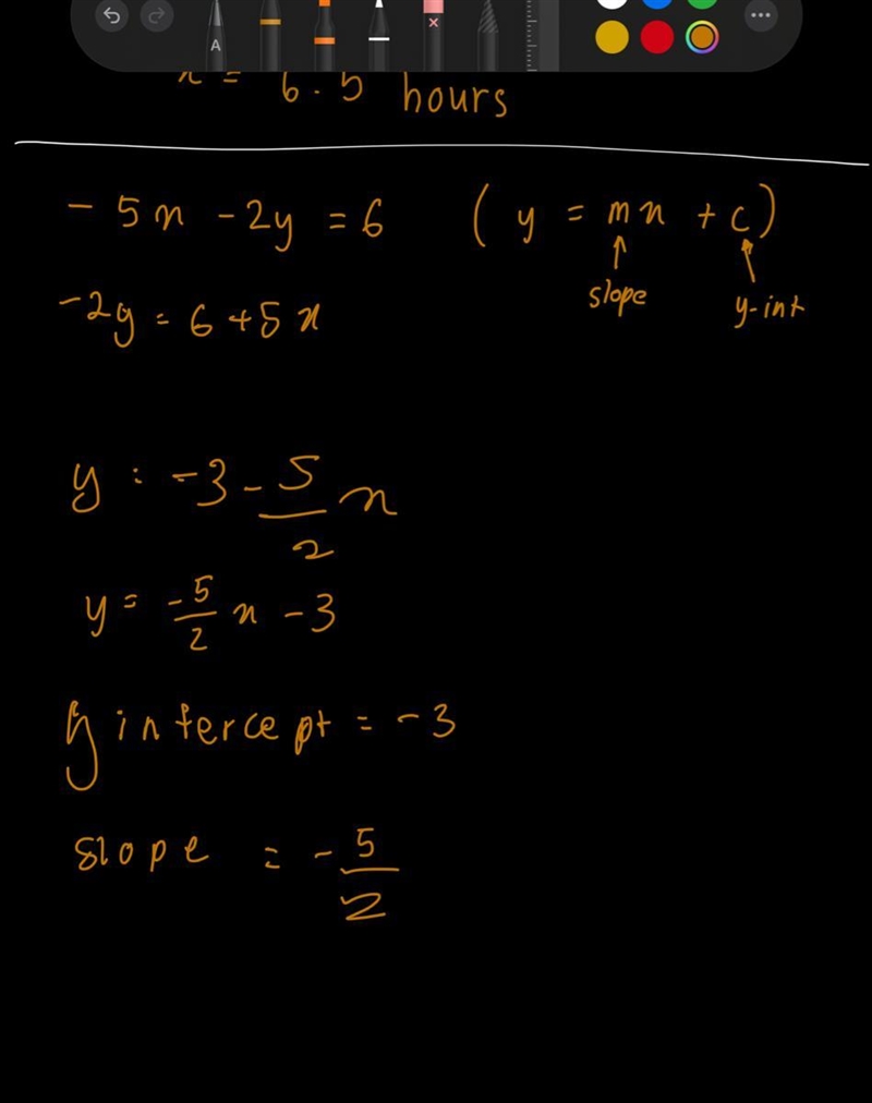 Find the slope and y-intercept of the line - 5x - 2y = 6-example-1